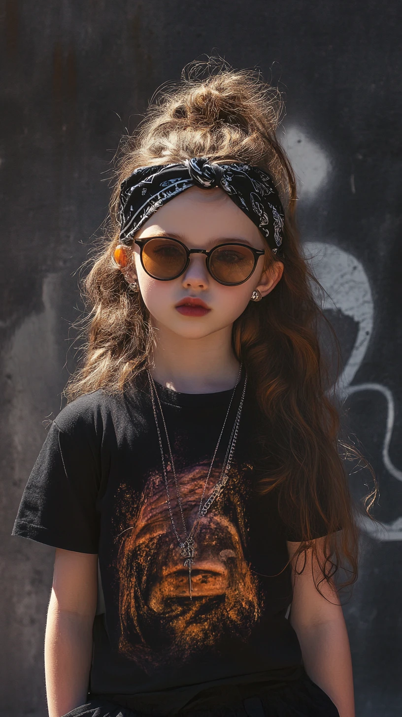 Rebellious young girl in punk rock outfit against urban wall