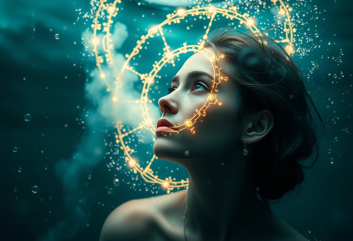 Full body woman linked to a glowing cosmic water ring