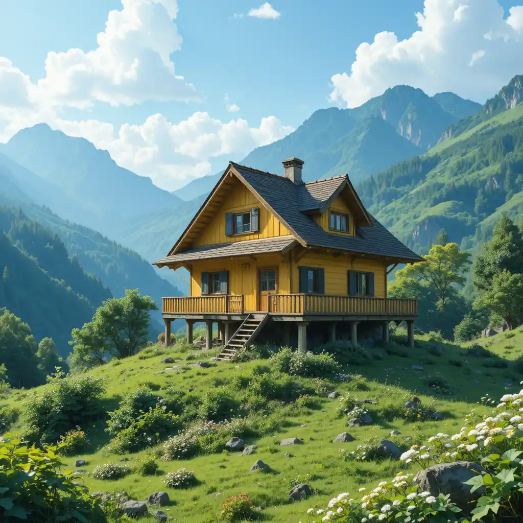 Gelbes Haus in satten grünen Bergen im Anime-Stil
