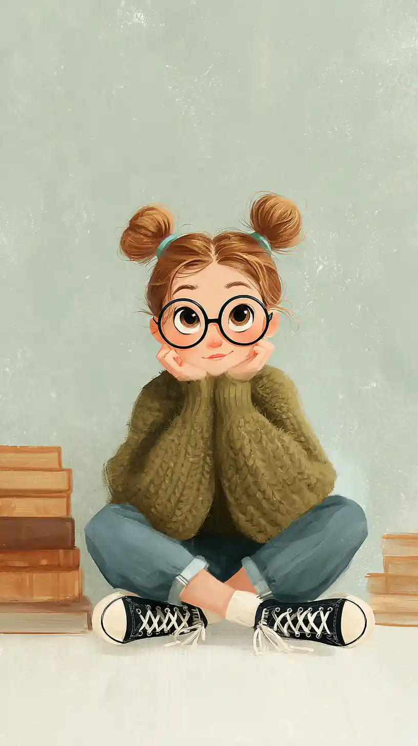 Thoughtful young girl in glasses sitting with stacked books