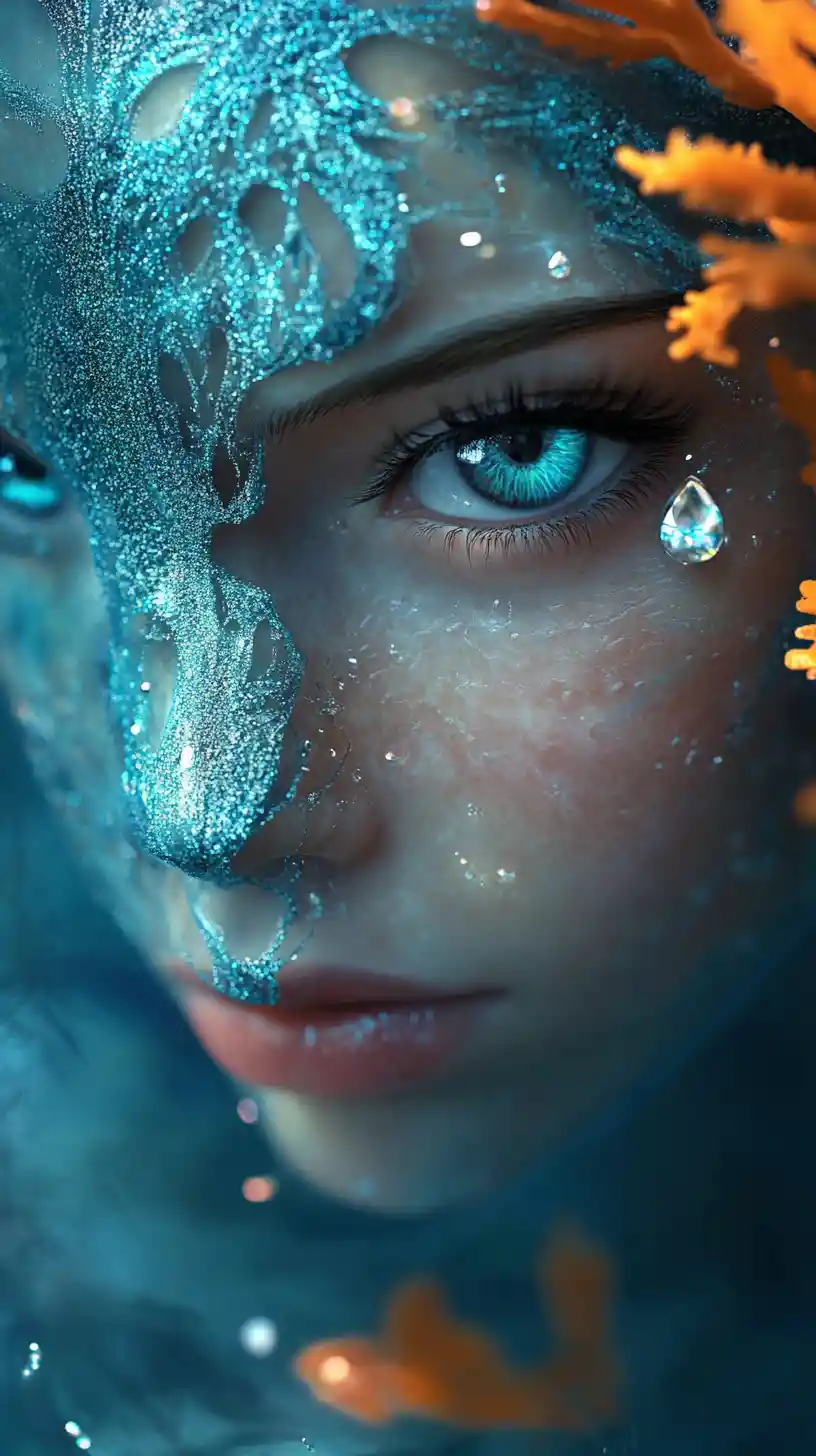 Ethereal aquatic fairy woman in a glowing coral reef