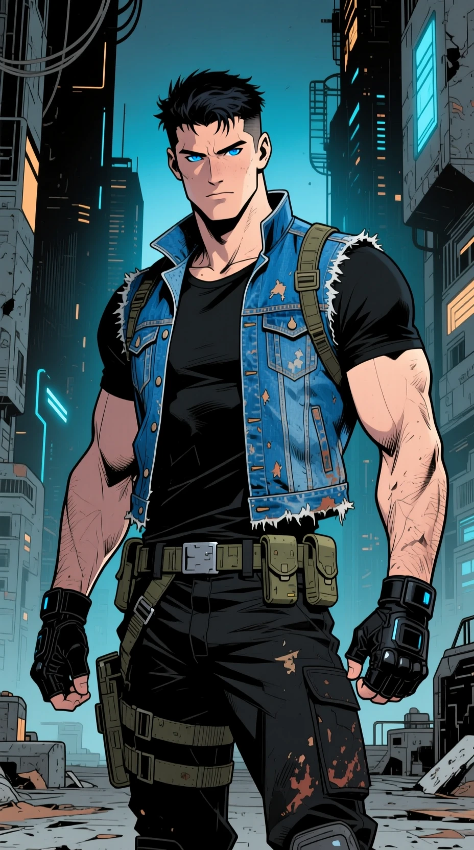 Young space hero in denim vest in futuristic city