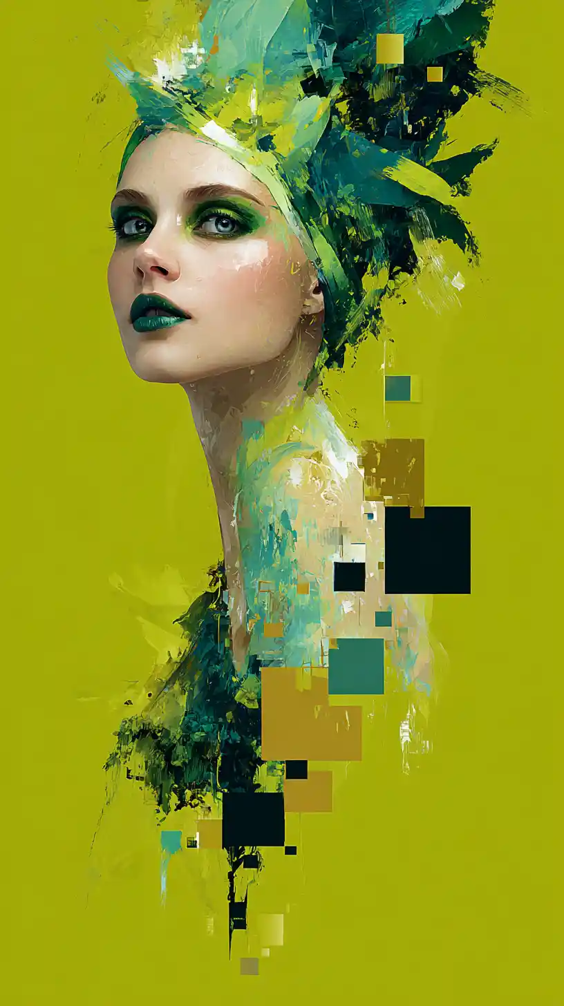 Abstract green woman portrait with geometric fragments