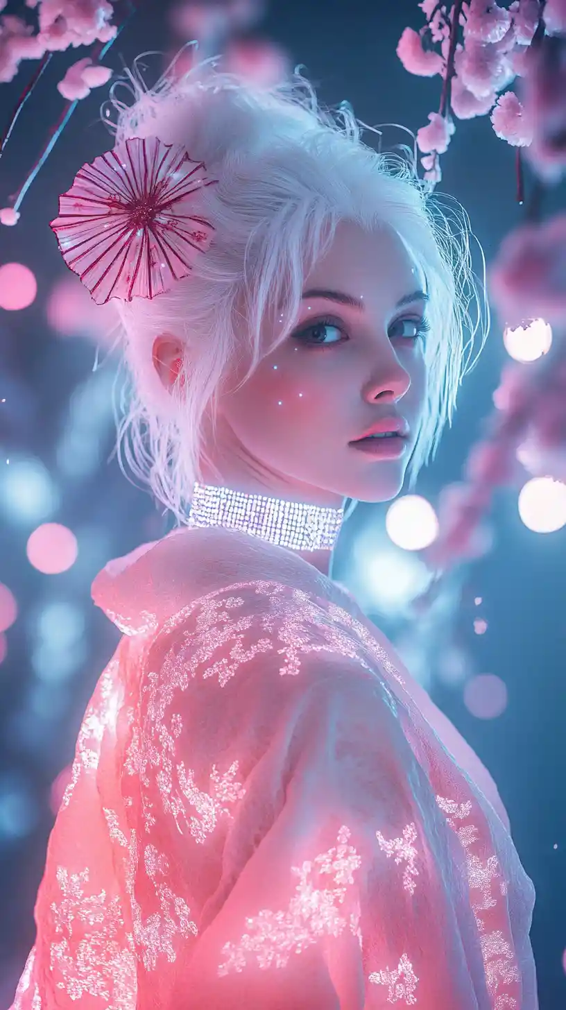 White haired woman in glowing cyberpunk kimono portrait