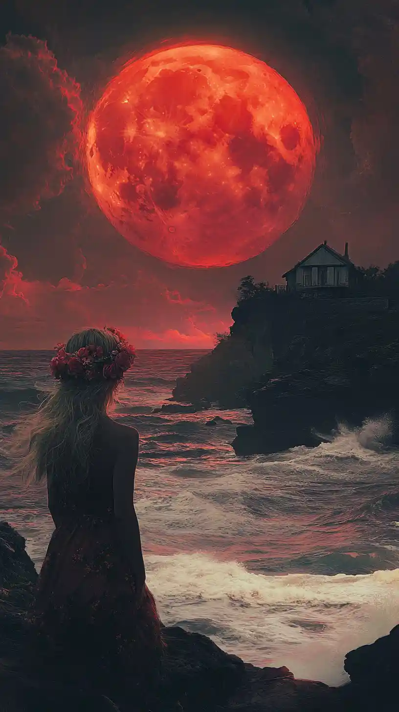 Woman on stormy beach under a blood red moon