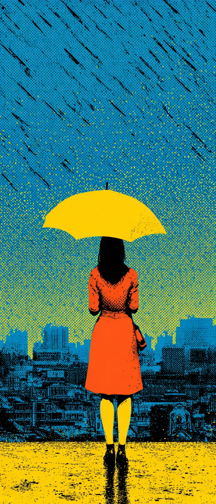 Lonely anime girl with yellow umbrella in pop art rain