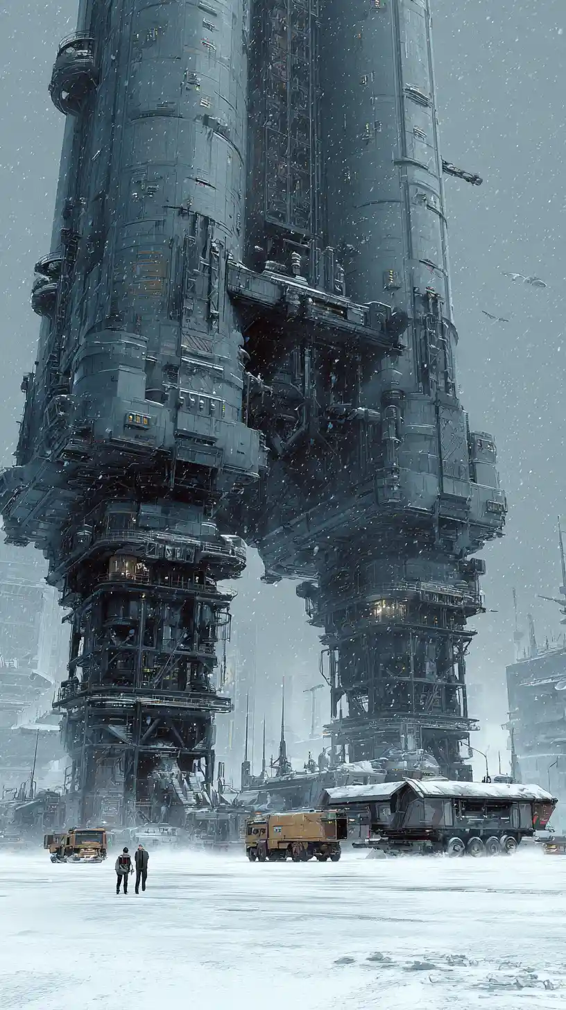 Gigantic sci fi spaceship landing on frozen arctic plain