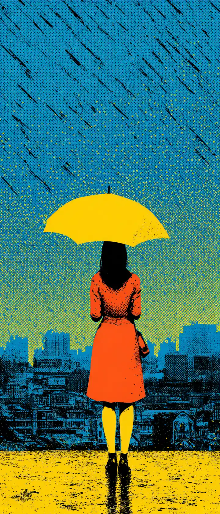 Lonely anime girl with yellow umbrella in pop art rain