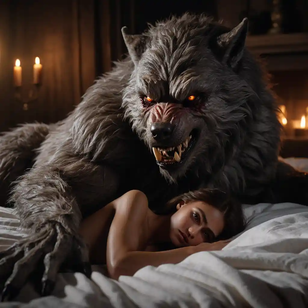 Cinematic werewolf embracing young woman in dark bedroom