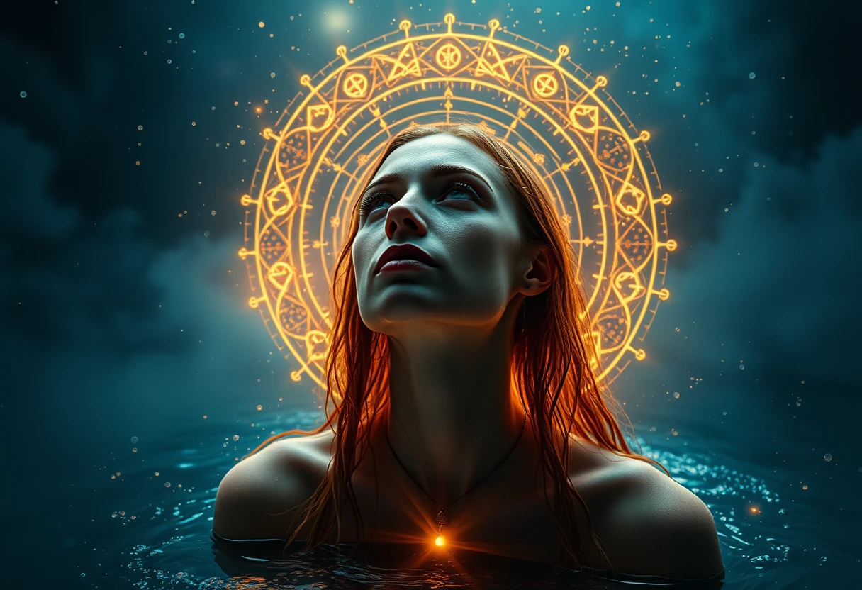 Full body woman linked to a glowing cosmic water cycle