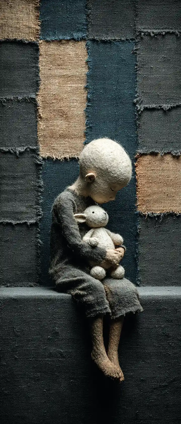 Lonely anime child with torn stuffed toy on burlap floor