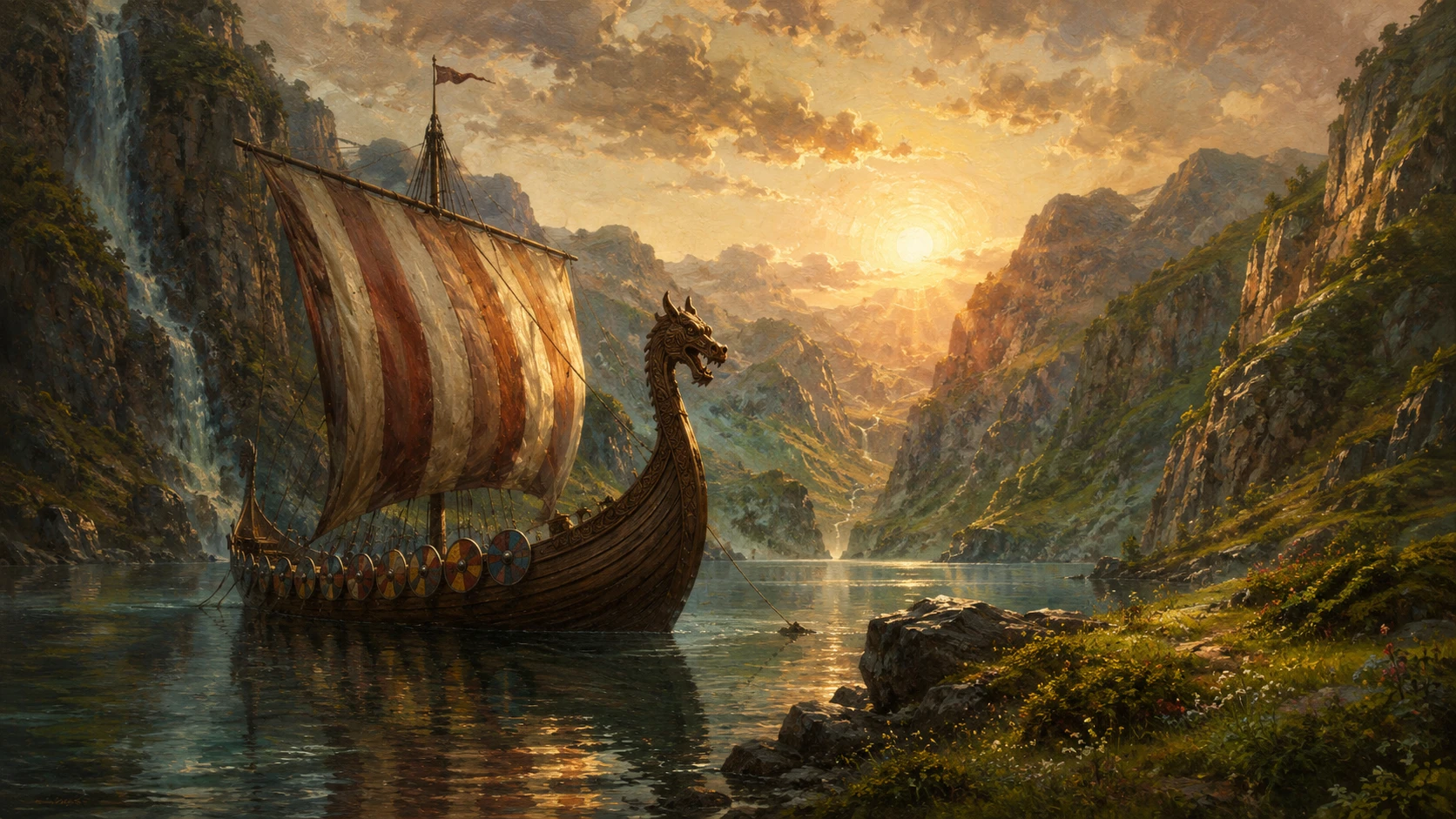 Viking ship at sunrise in a hidden fjord landscape