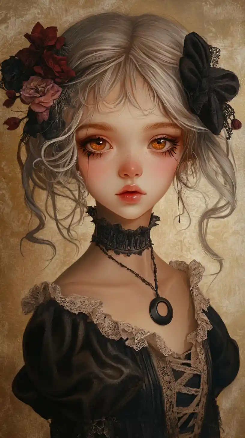 Gothic doll like girl portrait with ornate bows and lace