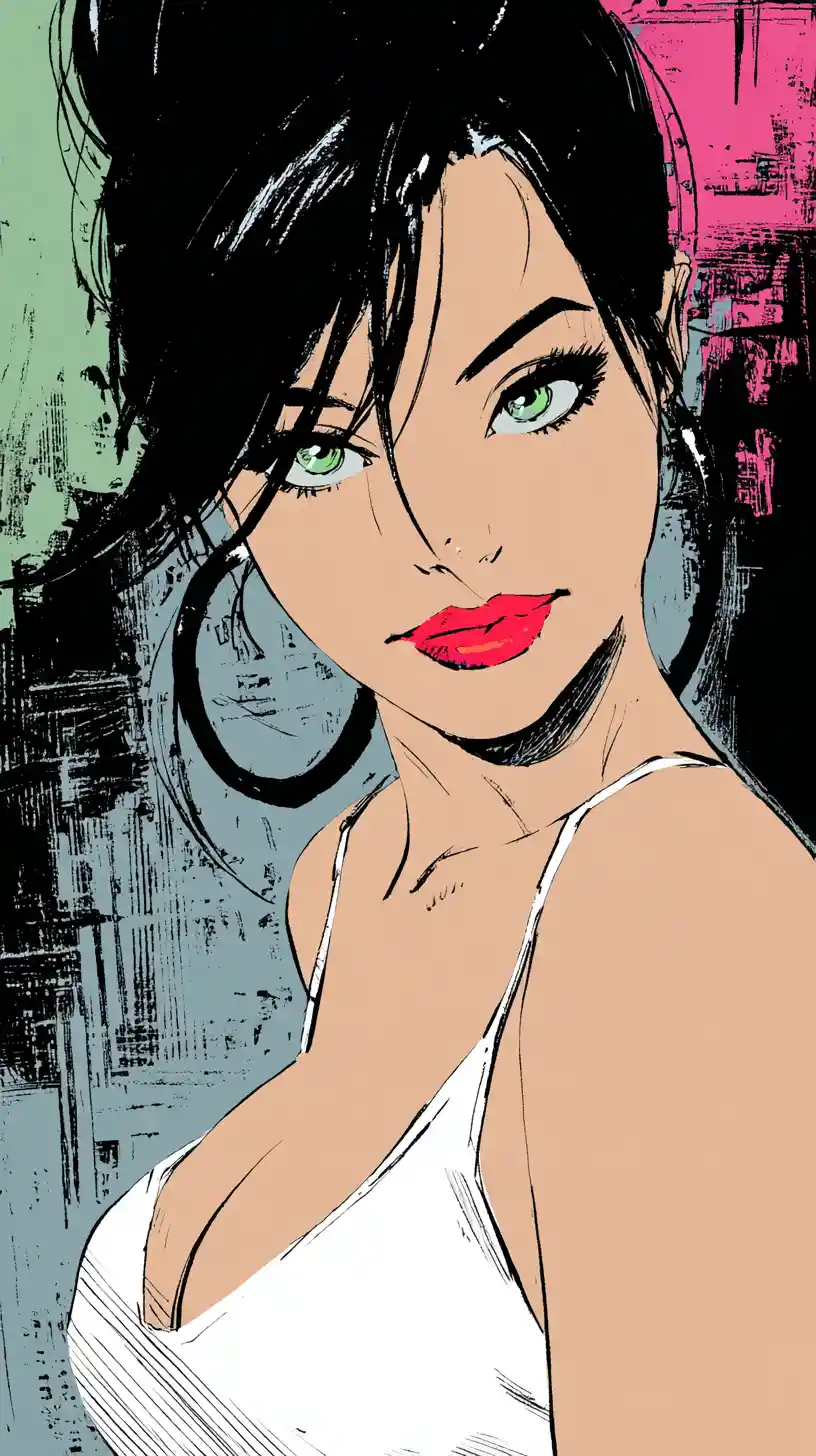 Flirtatious comic style girl portrait with green eyes