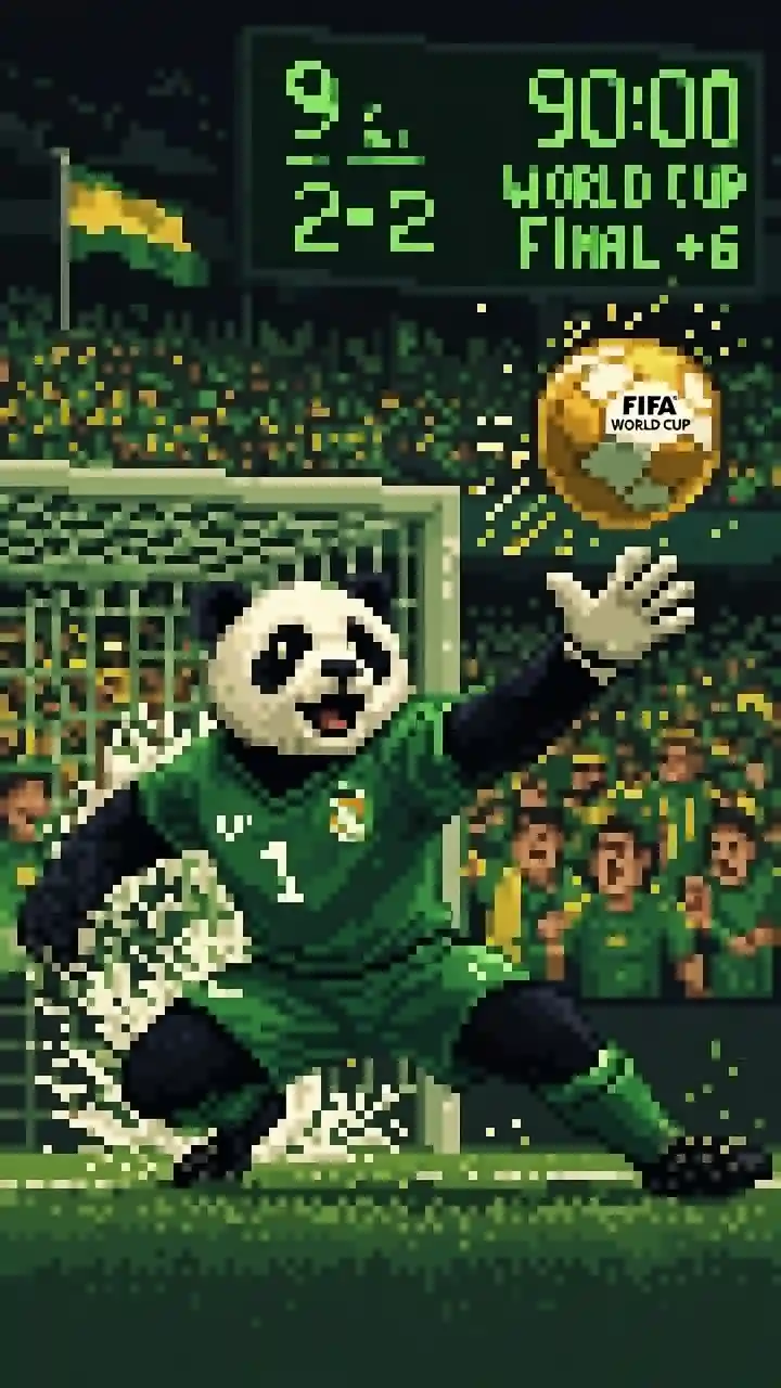 Pixel art panda goalkeeper diving in a world cup stadium