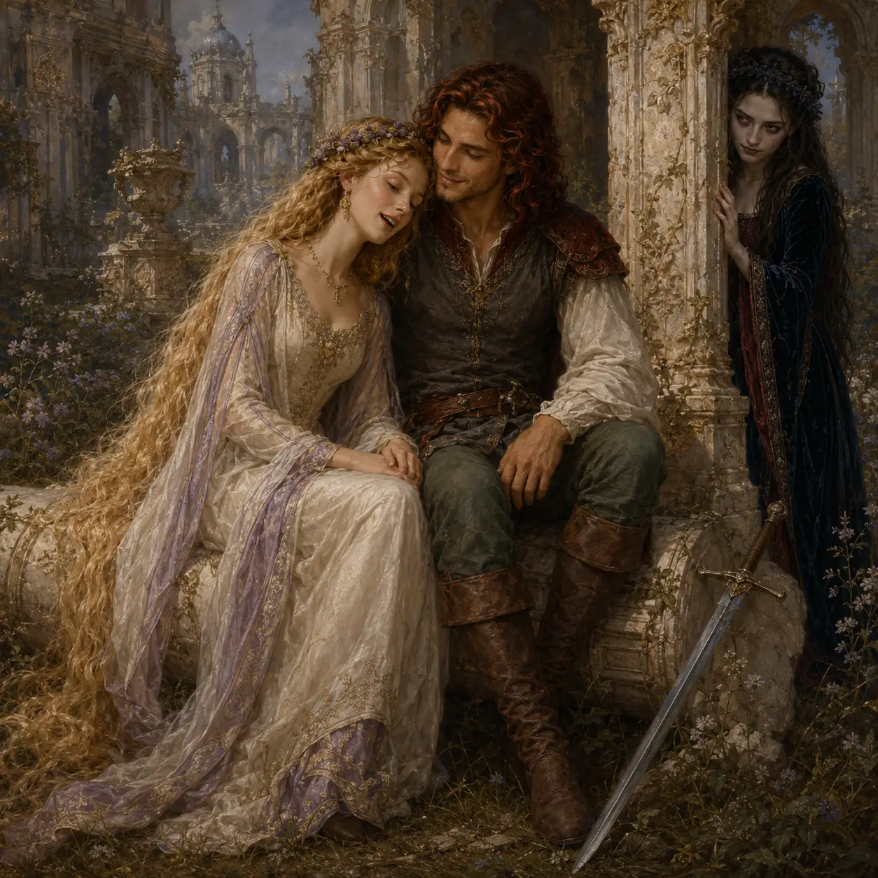 Renaissance couple seated on a broken column in a garden
