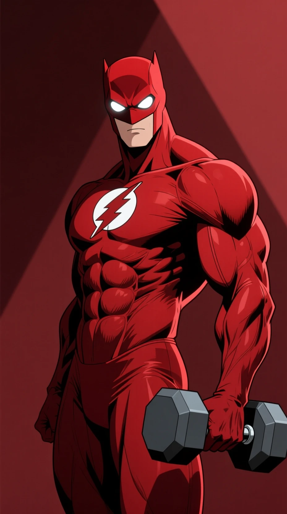Red anime superhero lifting dumbbell in dynamic pose