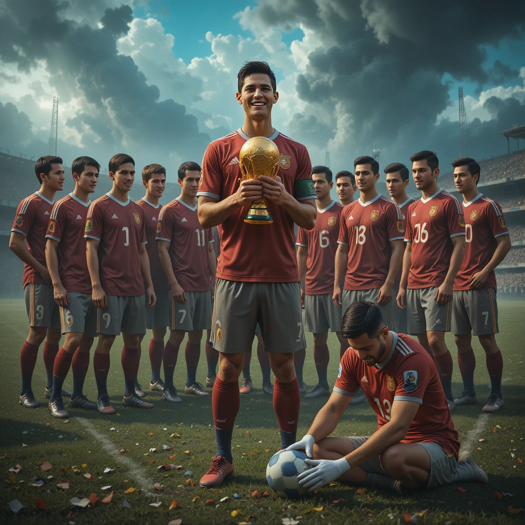 Soccer player lifting trophy with smiling teammates