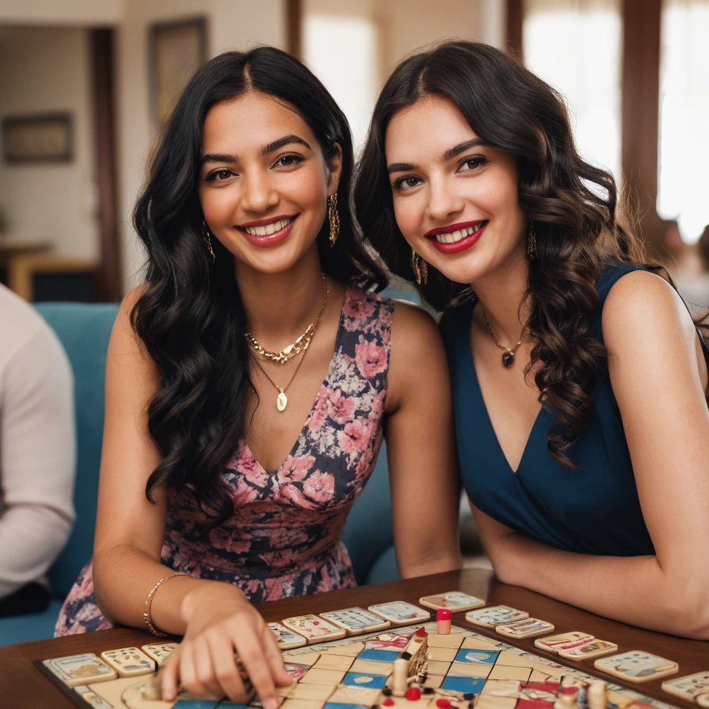 Smiling woman in maxi dress playing a board game