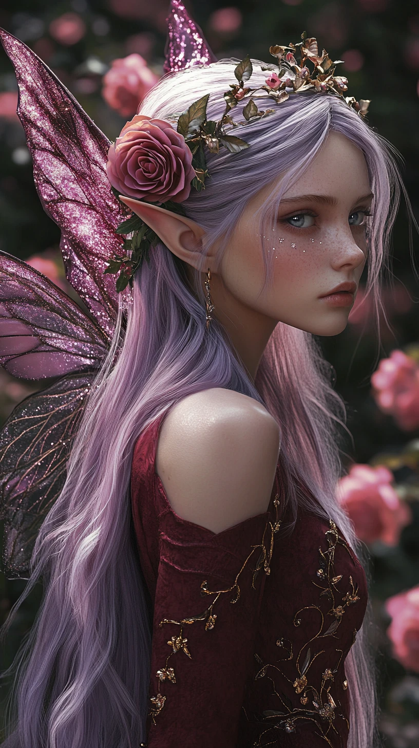 Ethereal fairy queen in a rose filled mystical forest