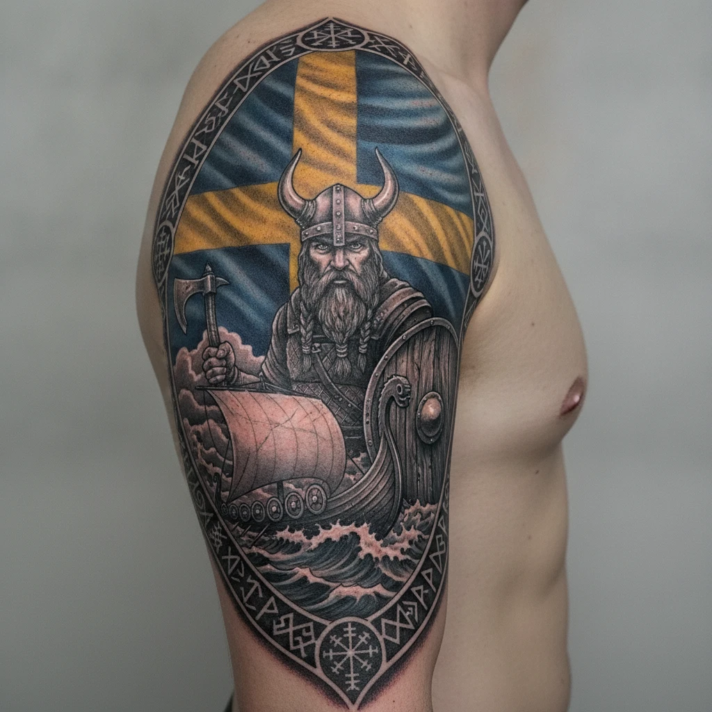Viking warrior tattoo with ship and Swedish flag backdrop