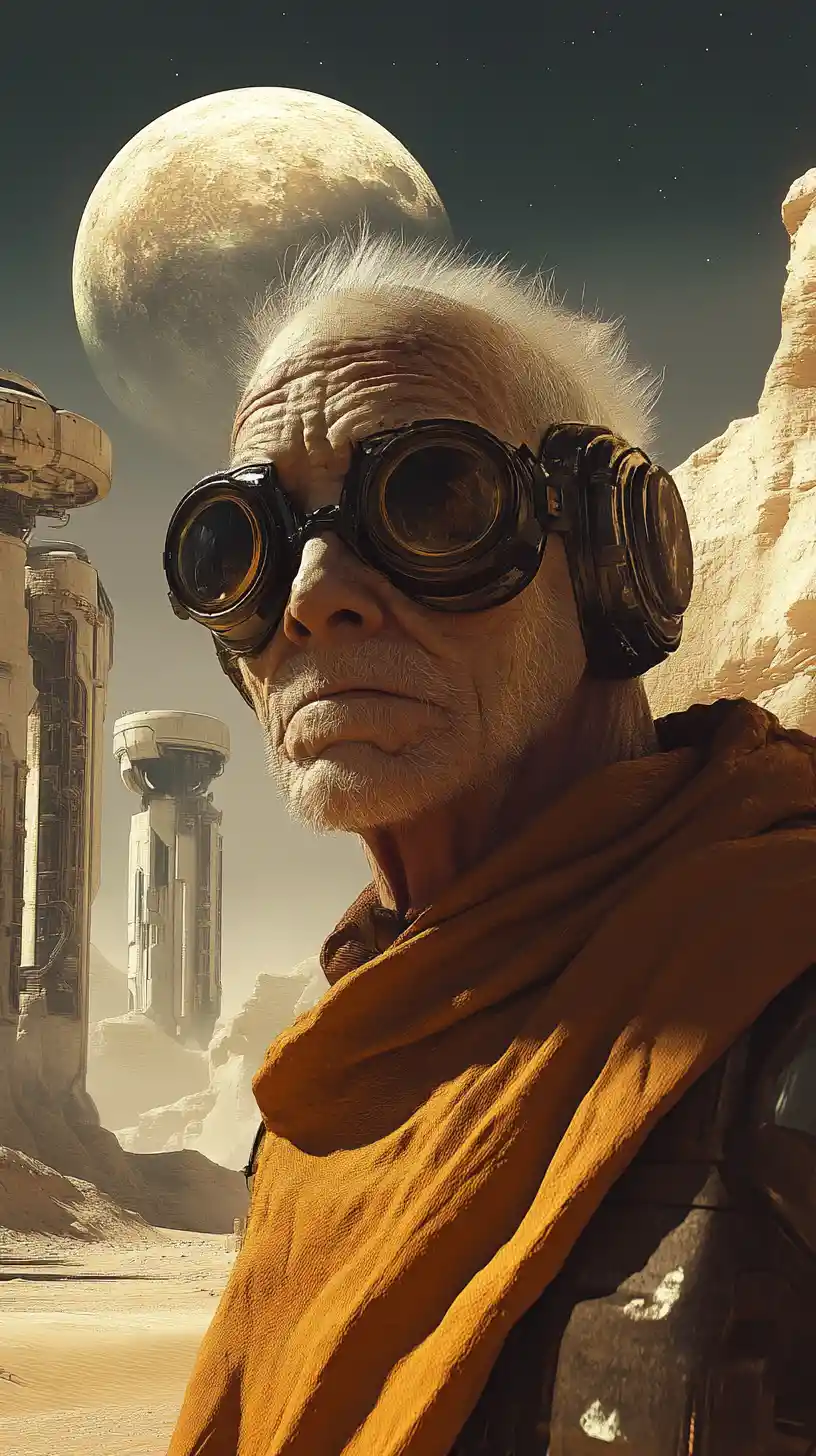 Bald desert wanderer with cybernetic arm and plastic cloak