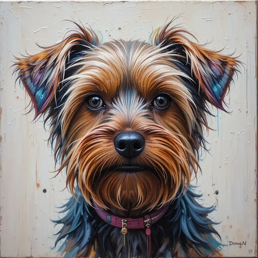 Acrylic painting of a small yorkshire dog with rich colors