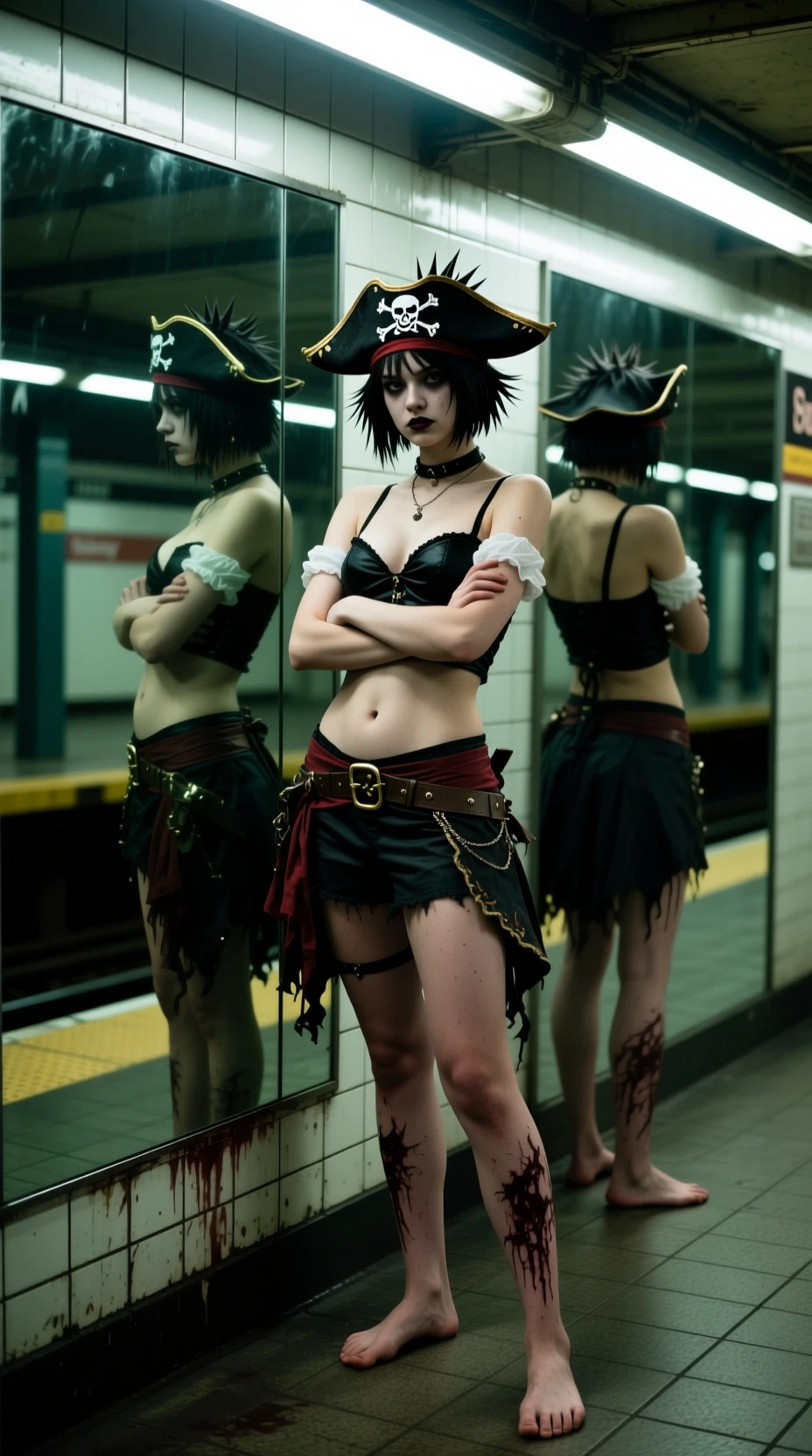Young girl standing barefoot in a subway station mirror