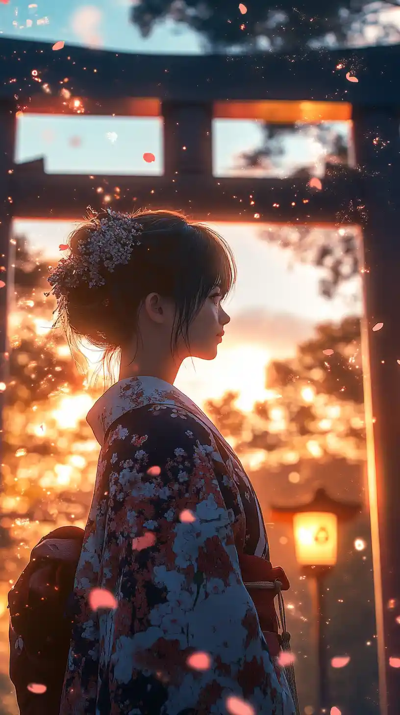 Anime woman in kimono beneath a glowing Japanese torii gate