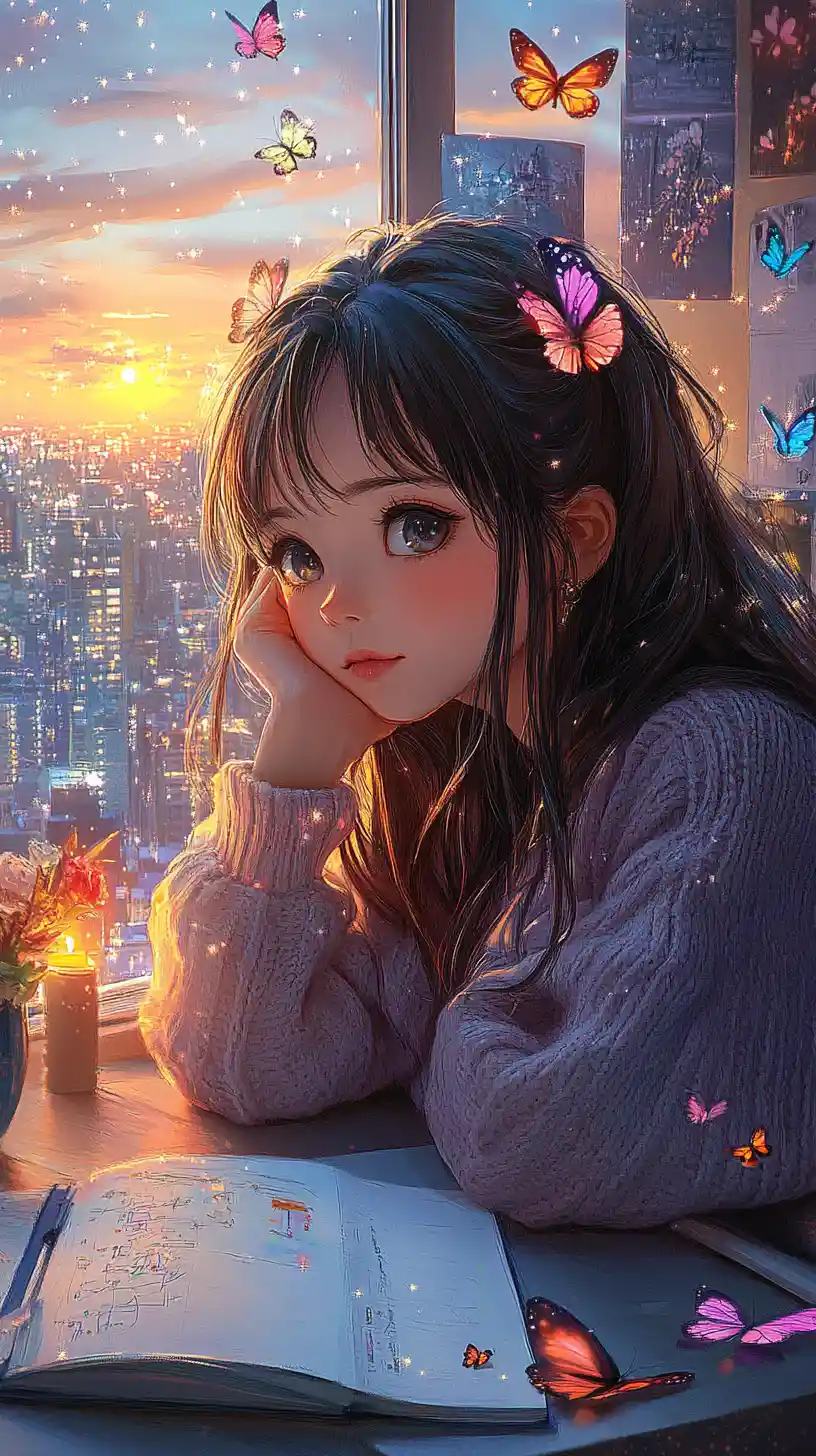Anime girl sketching in a cozy butterfly themed bedroom