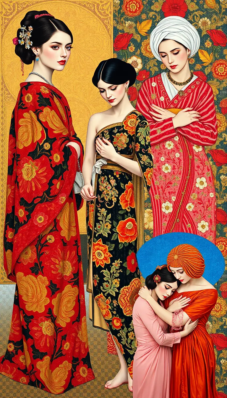 Elegante Frau in kunstvoll gemustertem Kleid im von Klimt inspirierten Stil