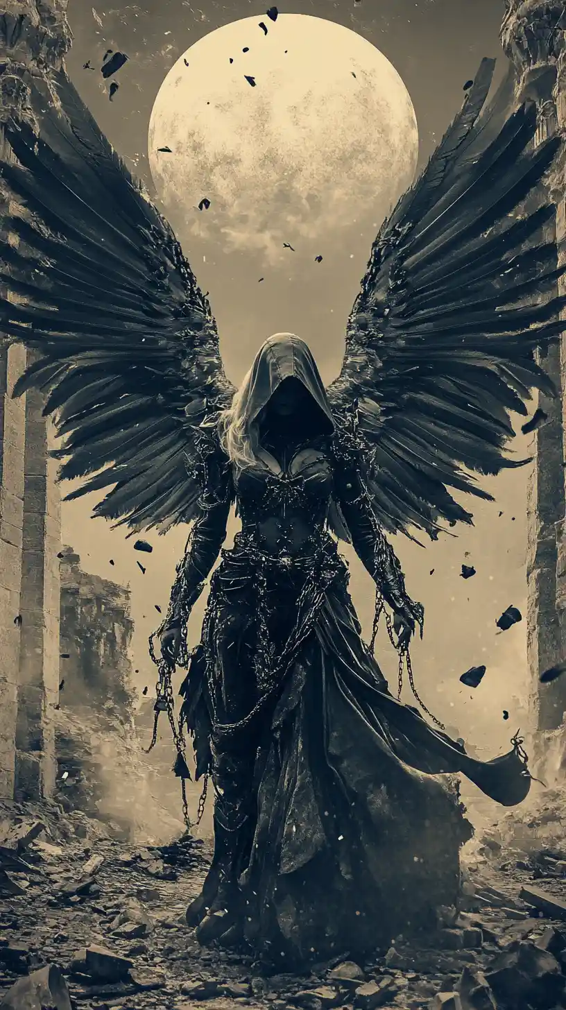 Fallen gothic angel woman before crumbling stone pillars