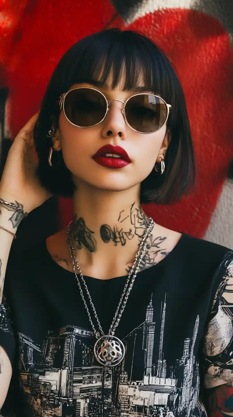 Tattooed woman in sunglasses against bold red abstract background