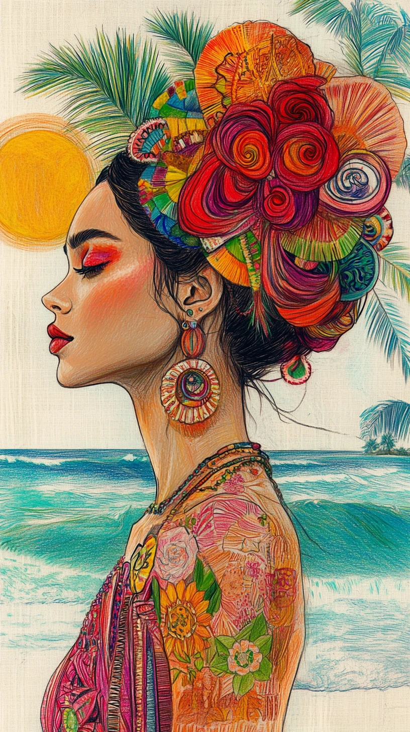Joyful woman in profile on a vivid tropical beach