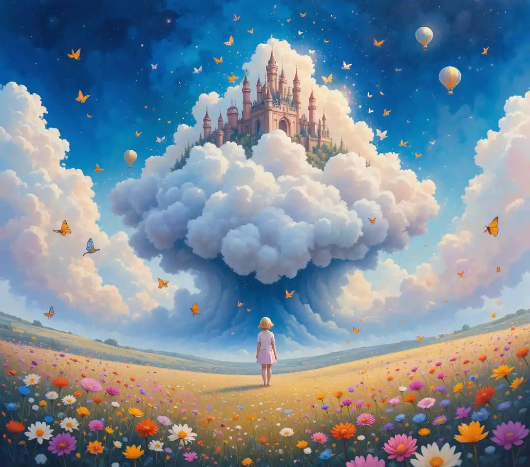 Dreamy Child In Cloud Filled Sky Above A Flower Field
