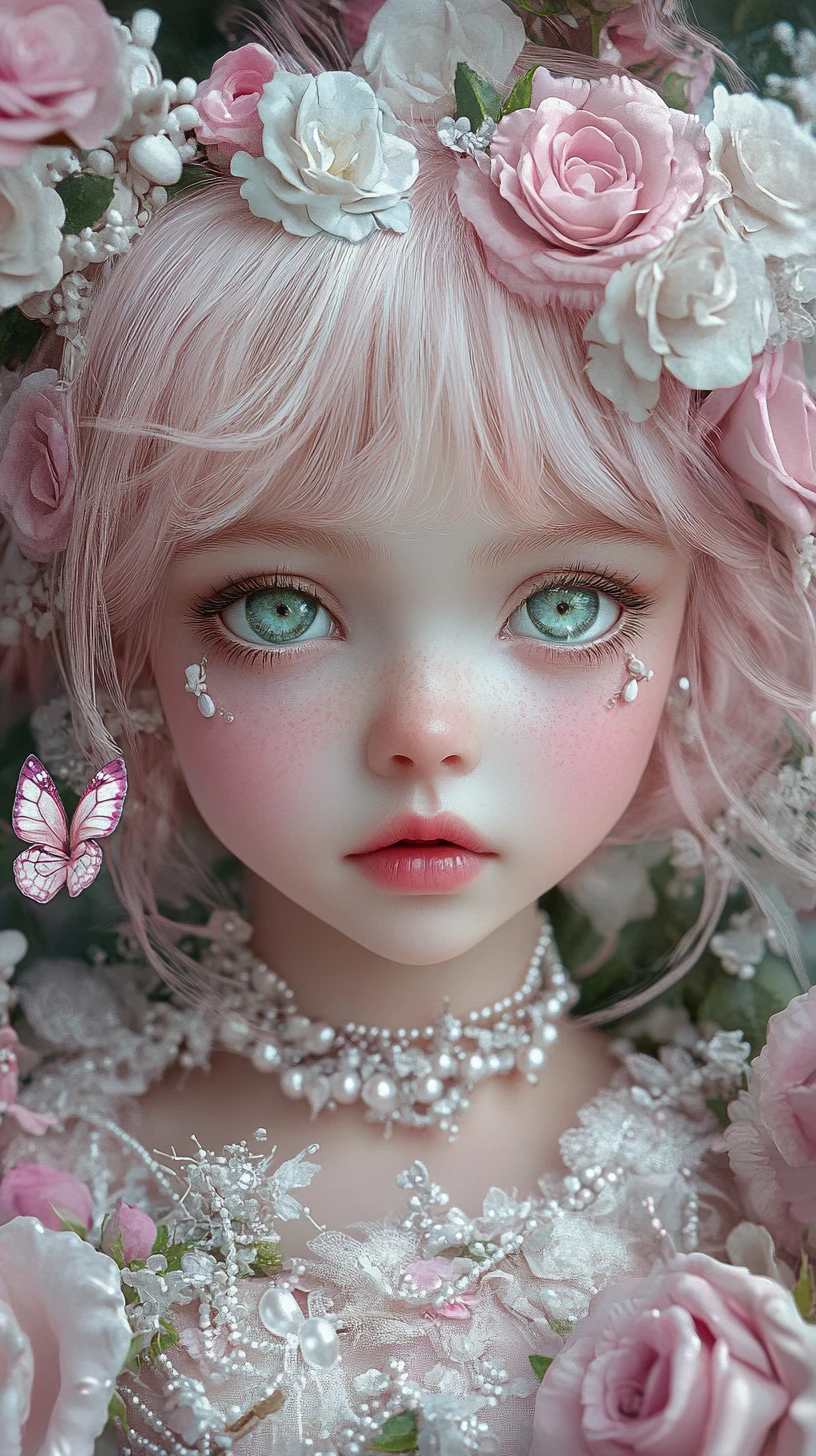 Jeune fille aux cheveux roses féeriques dans un jardin de roses magique
