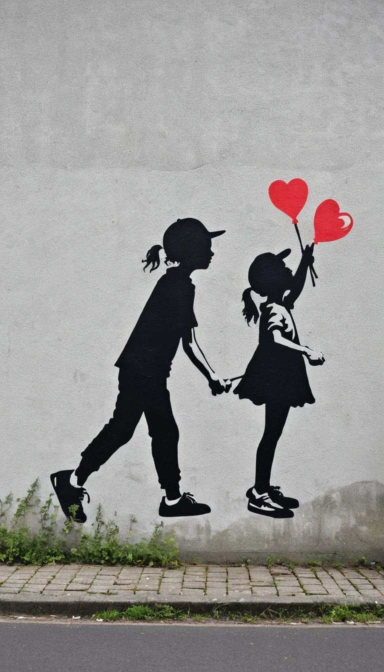 Silhouetted children in tense street art standoff scene