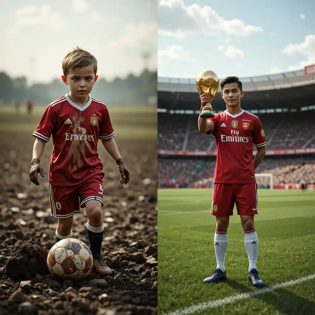 Young boy in red jersey playing football on muddy field