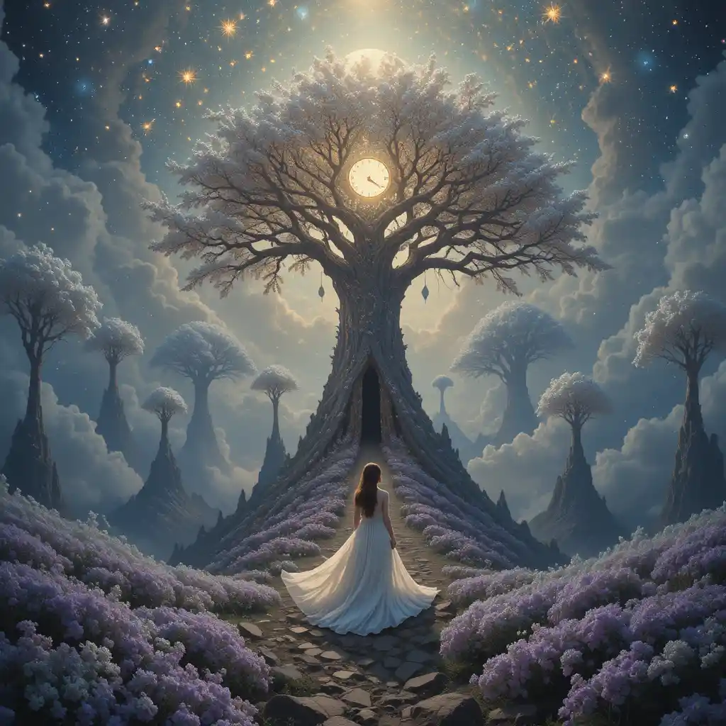 Woman walking through a surreal sky of memories and stars