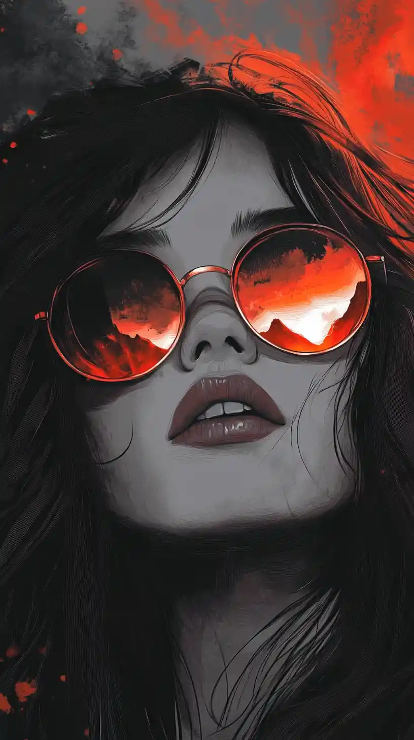 Mysterious girl in sunglasses with fiery mountain reflection