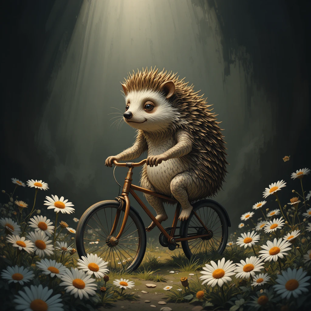 Whimsical hedgehog riding a bicycle through soft daisies