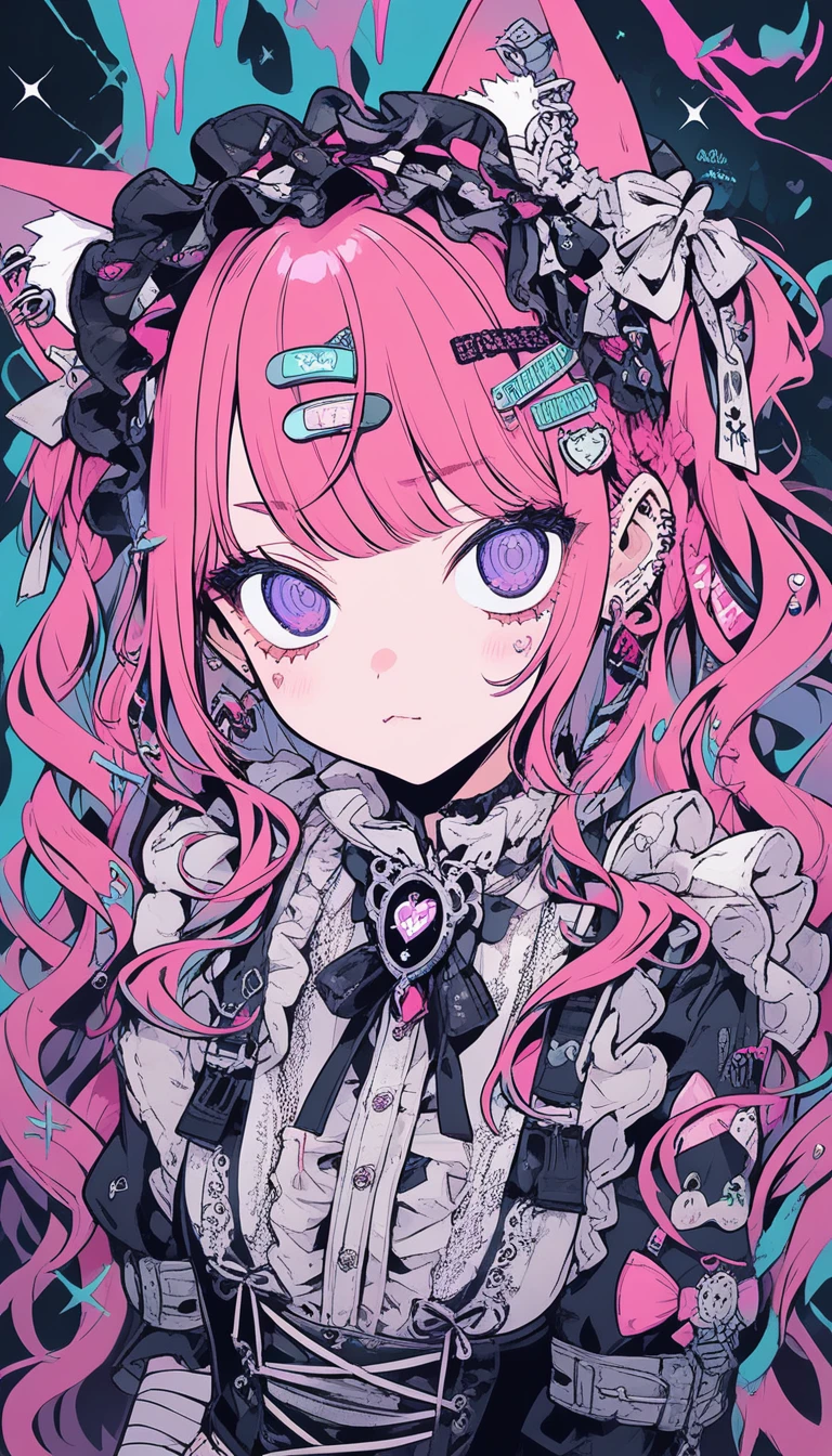 Linda chica anime maid con cabello rosa y orejas de gato