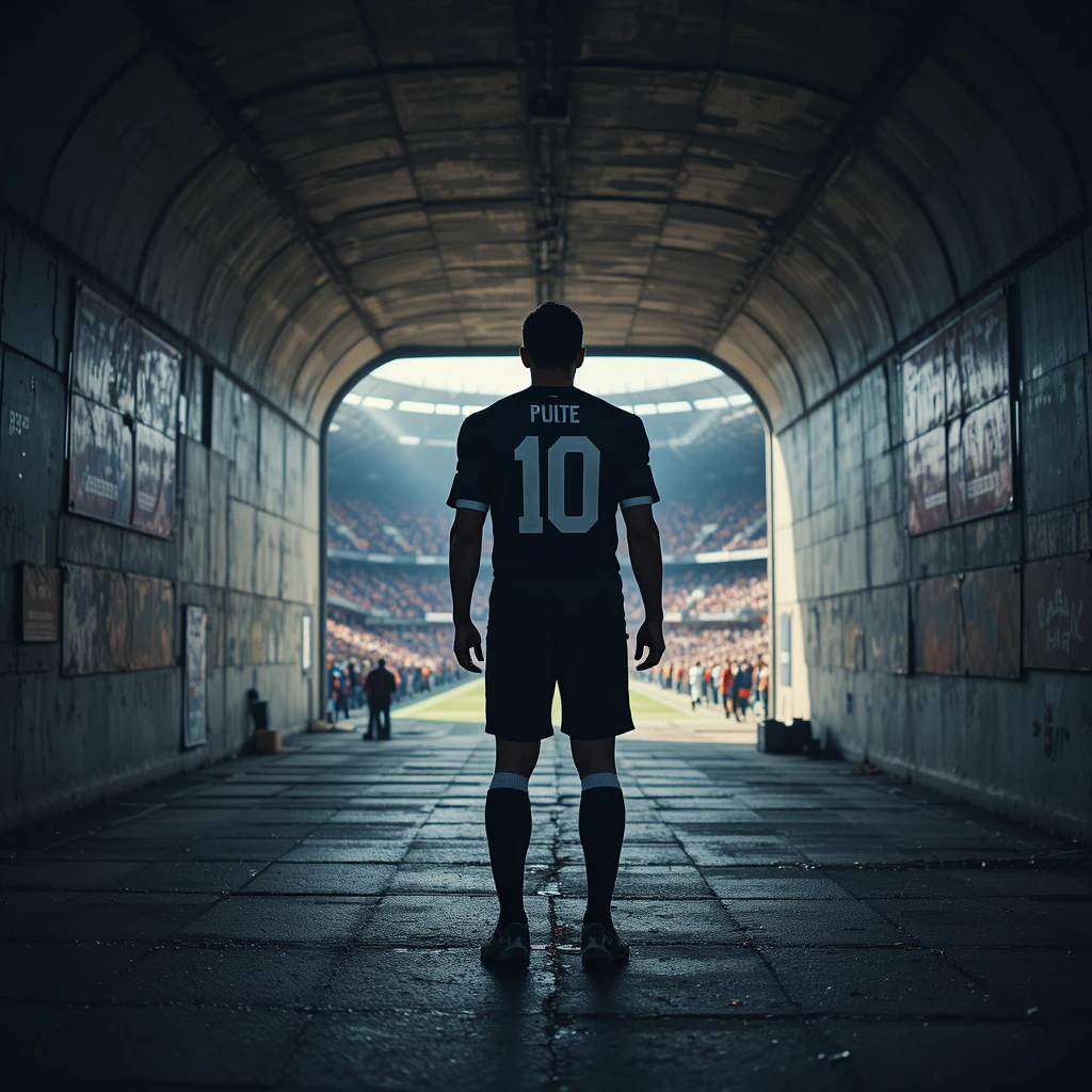 Soccer player number 10 walking toward bright stadium pitch