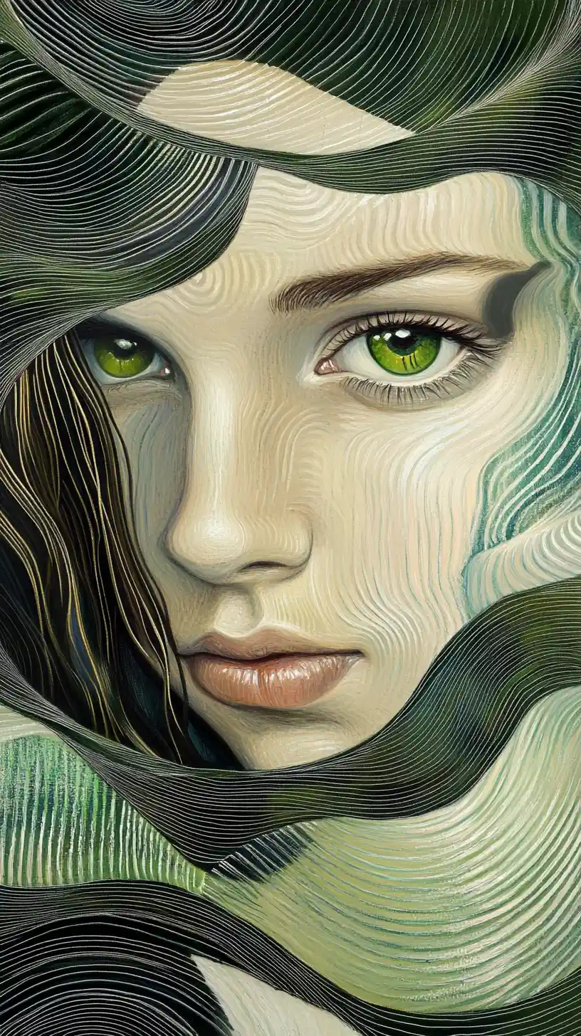 Postmodern painting of a green eyed woman on abstract waves