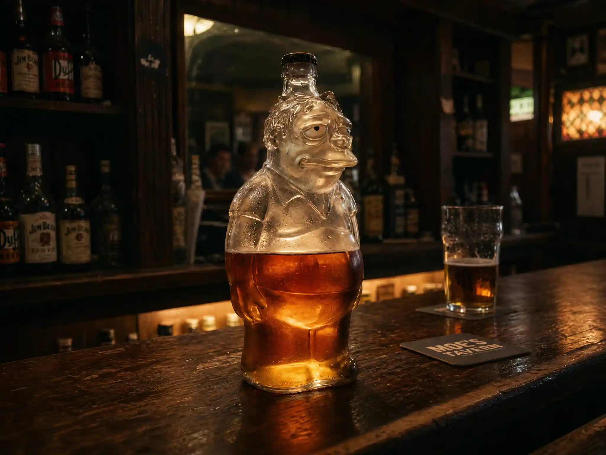 Glowing glass bottle on a worn wooden bar counter