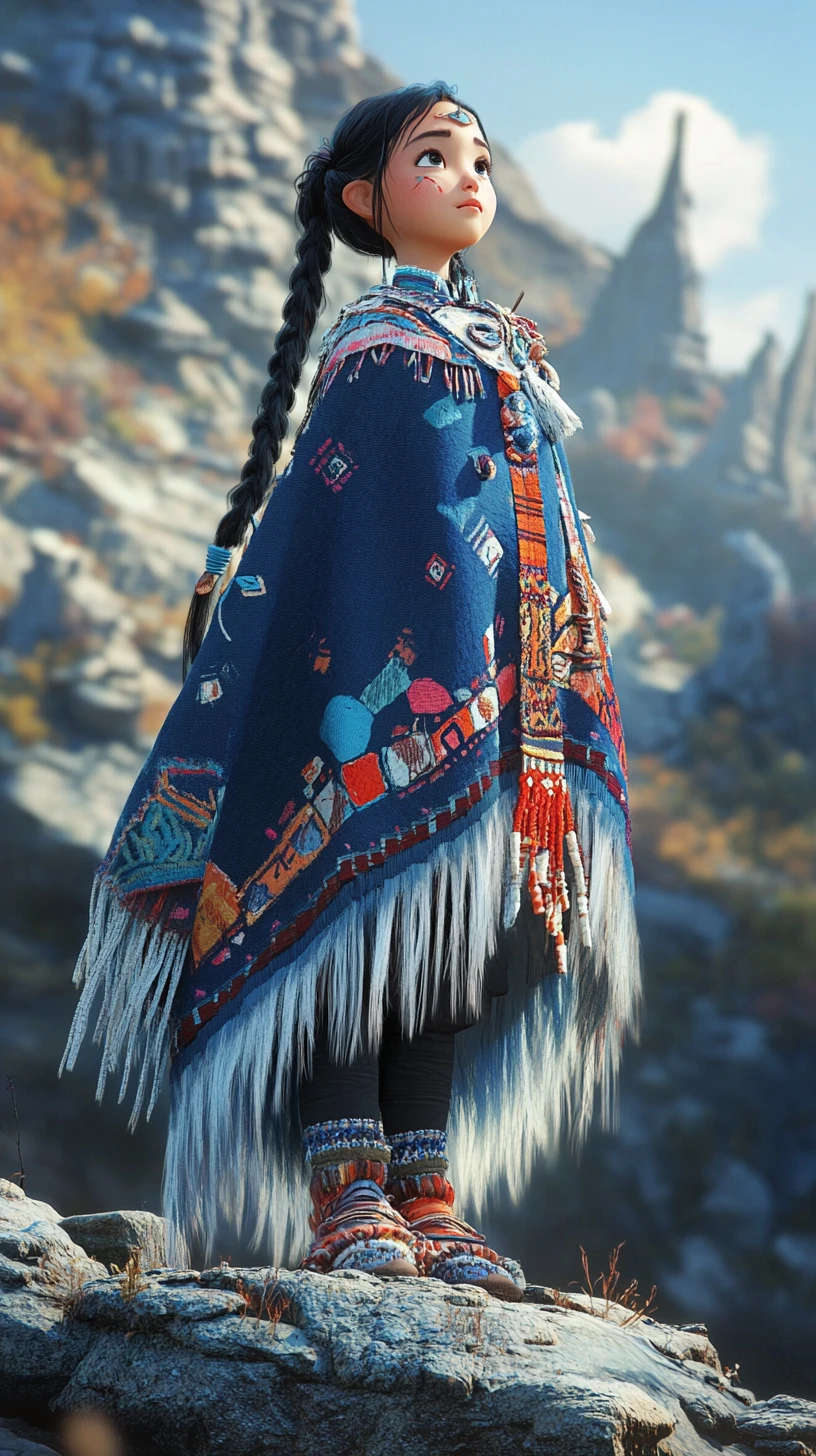 Young girl in a blue cape on a surreal rocky hillside