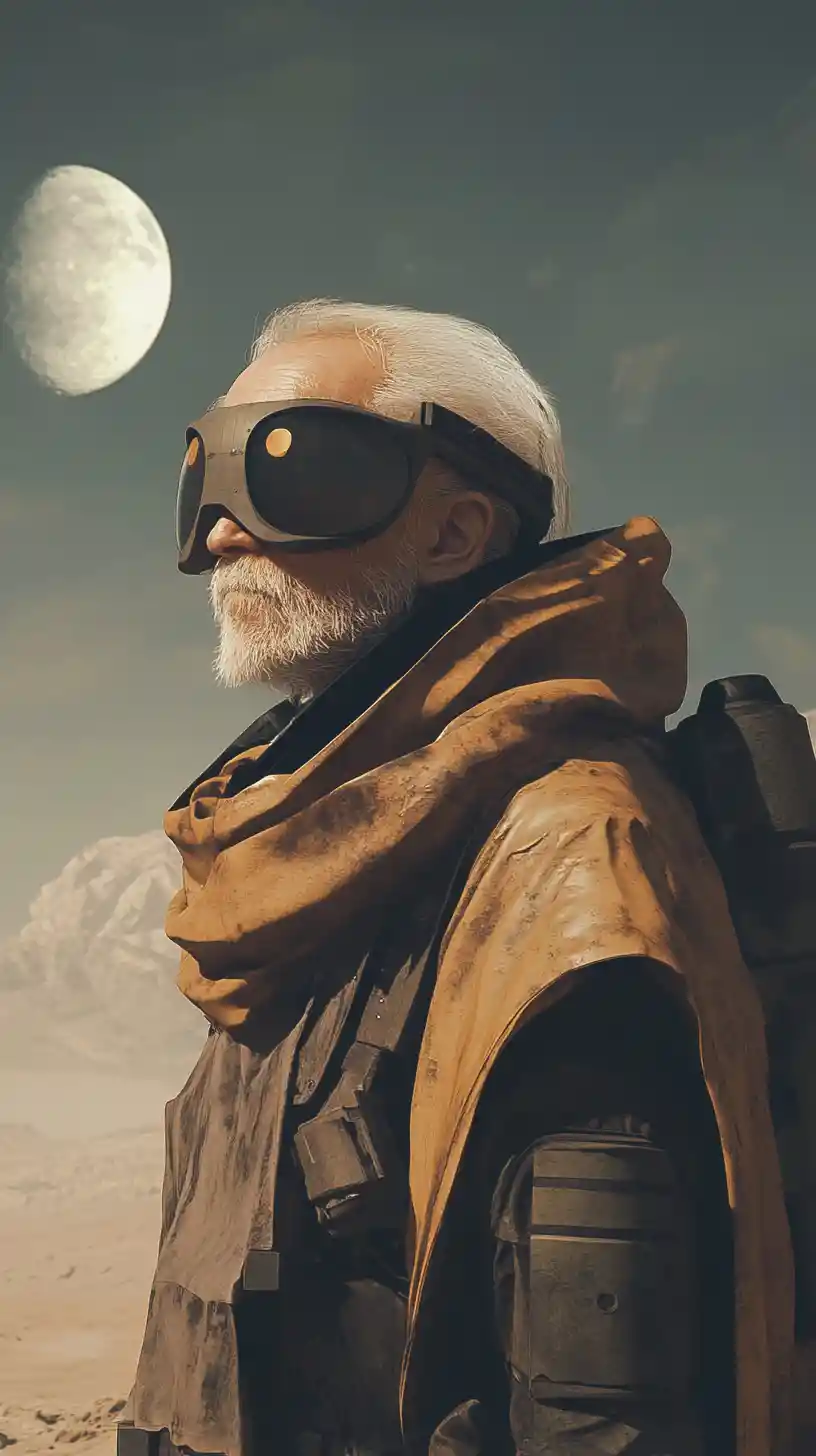 Vagabondo sci‑fi calvo solo in un vasto deserto