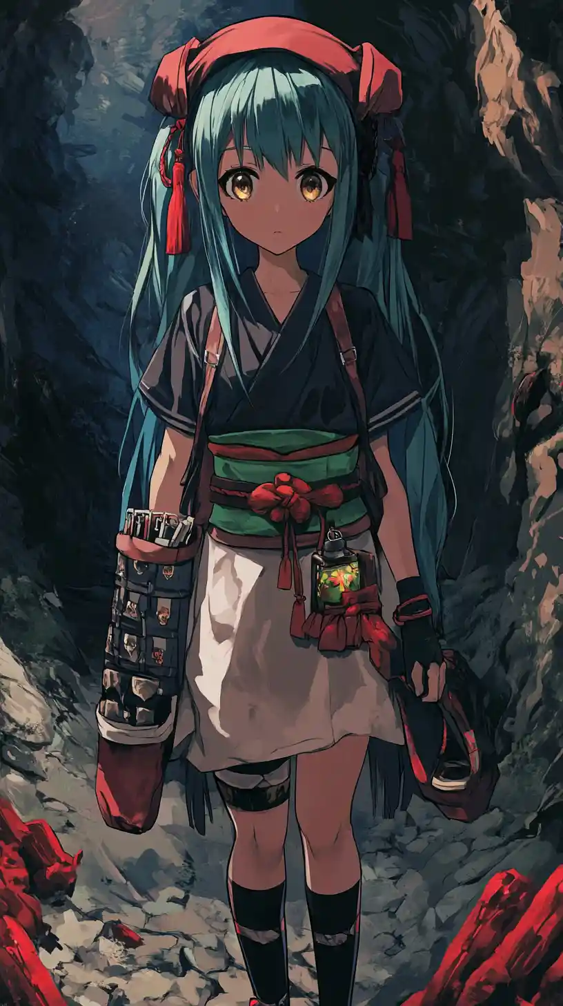 Blue haired anime girl with belts standing in a cave