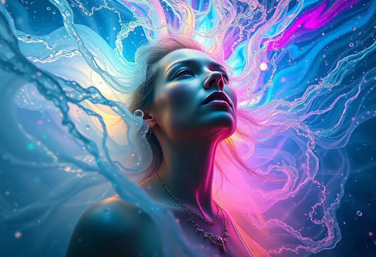 Woman in cosmic water vision with radiant swirling colors
