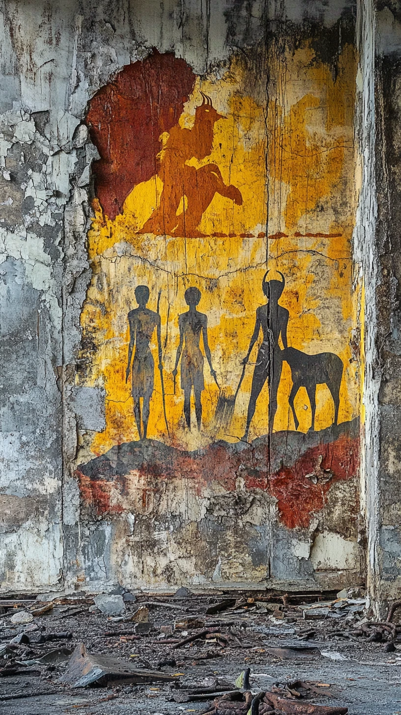 Colorful rock art mural on a decaying concrete factory wall